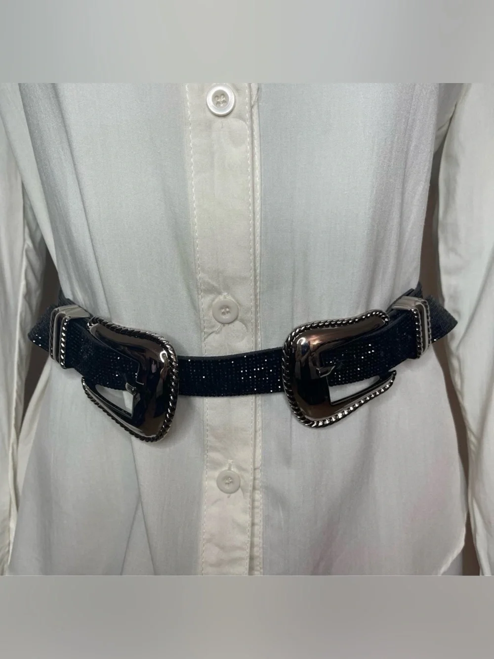 Black PU leather silver tone double buckle skinny belt with rhinestones details